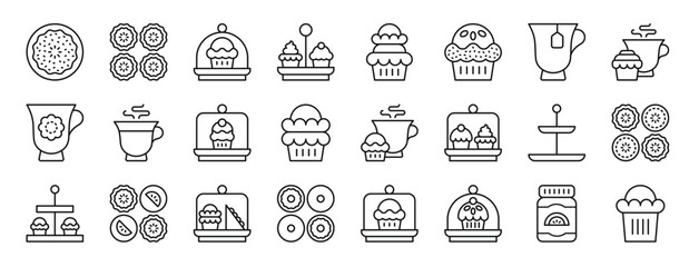 set of 24 outline web high tea icons such as pie, pie, cake dome, tea stand, cupcake, cupcake, teacup vector icons for report, presentation, diagram, web design, mobile app