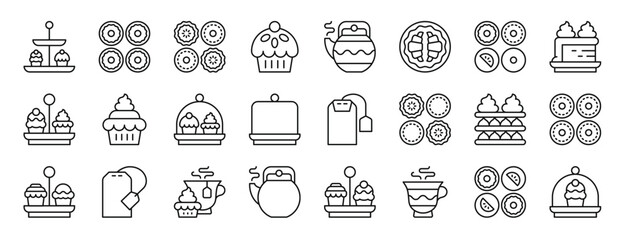 set of 24 outline web high tea icons such as cupcakes, biscuits, pie, cupcake, teapot, croissant, pies vector icons for report, presentation, diagram, web design, mobile app