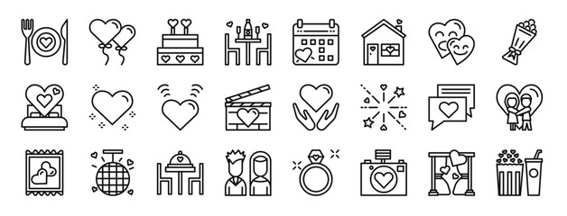 set of 24 outline web date night icons such as restaurant, balloons, wedding cake, dinner, date, house, hearts vector icons for report, presentation, diagram, web design, mobile app
