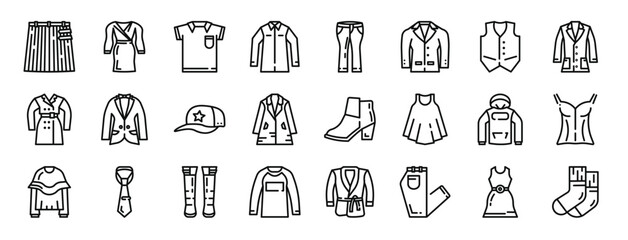 set of 24 outline web fashion style icons such as skirt, dress, shirt, shirt, jeans, suit, vest suit vector icons for report, presentation, diagram, web design, mobile app