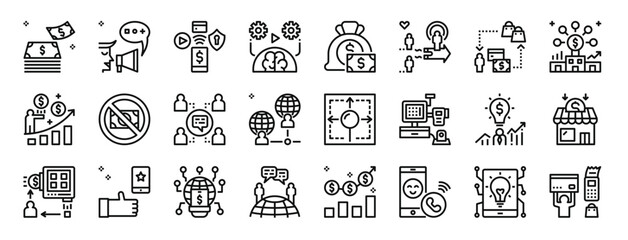 set of 24 outline web cashless society icons such as money, promote, , behavior, money bag, sell, purchase vector icons for report, presentation, diagram, web design, mobile app