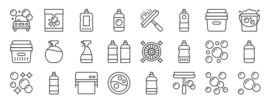 set of 24 outline web housekeeping icons such as car wash, laundry, cleaner, cleaner, window cleaner, clean, laundry vector icons for report, presentation, diagram, web design, mobile app