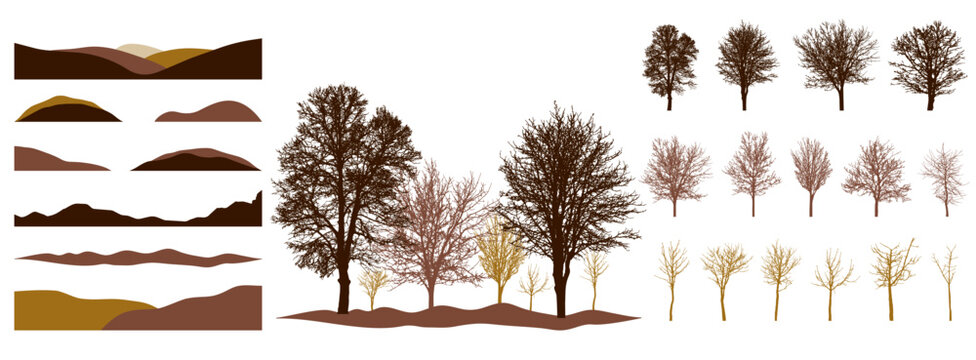 Constructor. Silhouettes of beautiful bare trees. Creation of autumn or winter beautiful park, forest, landscape, woodland, collection of design element. Vector illustration