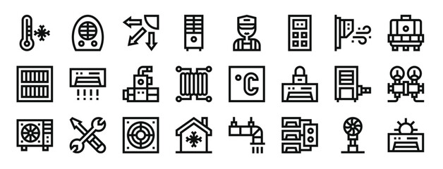 set of 24 outline web air conditioner icons such as cold, air conditioner, swing, air conditioner, technician, remote, vector icons for report, presentation, diagram, web design, mobile app