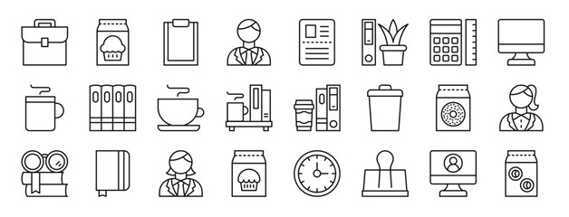 set of 24 outline web workplace icons such as briefcase, cupcakes, clipboard, businessman, id card, plant, calculator vector icons for report, presentation, diagram, web design, mobile app