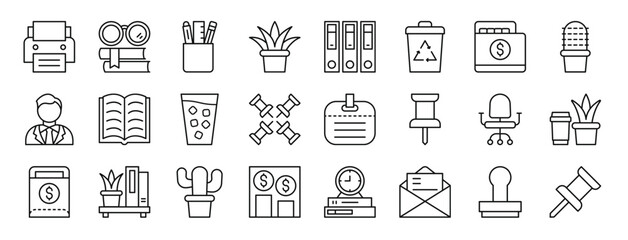 set of 24 outline web workplace icons such as printer, book, pencil case, plant, folder, recycling bin, folder vector icons for report, presentation, diagram, web design, mobile app