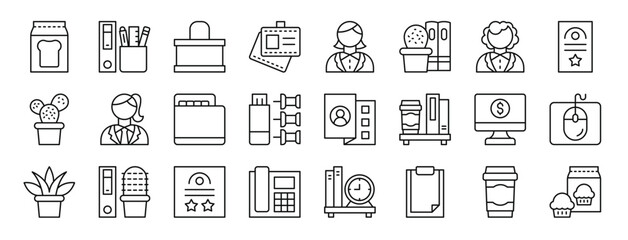 set of 24 outline web workplace icons such as lunch bag, pencil case, reception desk, id card, businesswoman, cactus, receptionist vector icons for report, presentation, diagram, web design, mobile