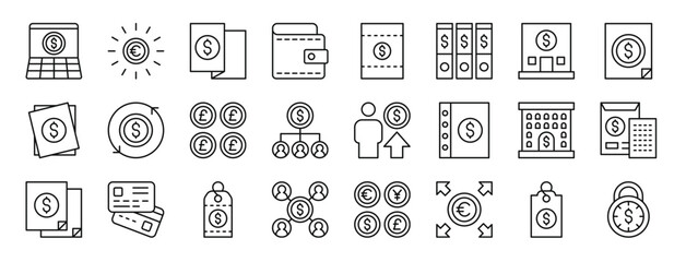 set of 24 outline web money icons such as online banking, euro, invoice, wallet, invoice, archive, bank vector icons for report, presentation, diagram, web design, mobile app - obrazy, fototapety, plakaty