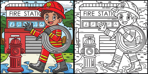 Labor Day Fireman with Hose Coloring Illustration