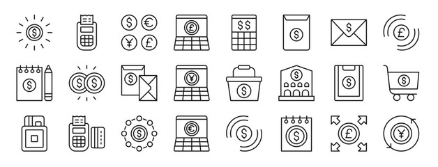set of 24 outline web money icons such as dollar, point of service, exchange, online banking, calculator, invoice, invoice vector icons for report, presentation, diagram, web design, mobile app
