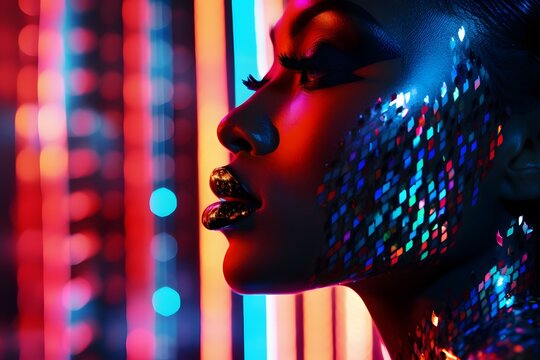 Portrait Of A Young Black Woman In Profile Looking Straight Ahead Against An Abstract Background Of Urban Neon Lighting