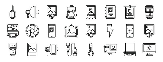 set of 24 outline web photography icons such as cleaner, lamp, photo, bag, photo, album, photo vector icons for report, presentation, diagram, web design, mobile app