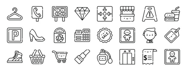 set of 24 outline web mall icons such as hanger, phone cabin, directory, diamond, meeting point, kiosk, wet floor vector icons for report, presentation, diagram, web design, mobile app