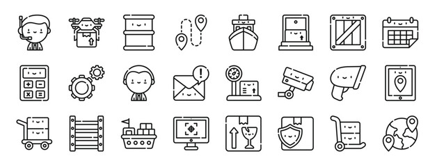 set of 24 outline web logistic icons such as customer service, drone, barrel, route, ship, home, wooden vector icons for report, presentation, diagram, web design, mobile app