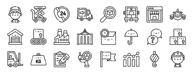 Fototapeta na wymiar set of 24 outline web logistic icons such as delivery boy, lift, hours, delivery truck, tracking, cargo truck, eshop vector icons for report, presentation, diagram, web design, mobile app