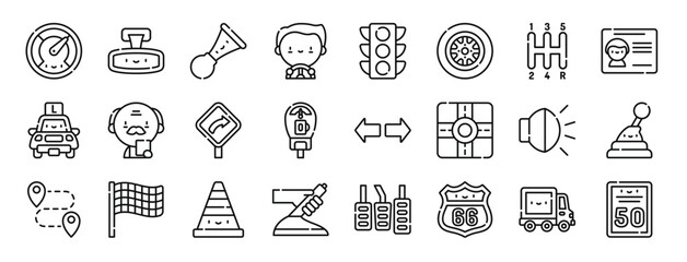 set of 24 outline web driving school icons such as speedometer, rearview mirror, klaxon, driving, traffic light, wheel, gearbox vector icons for report, presentation, diagram, web design, mobile app