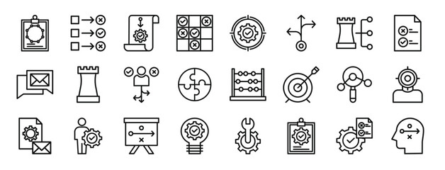 Fototapeta na wymiar set of 24 outline web strategy icons such as report, goals, ideas, noughts, management, options, options vector icons for report, presentation, diagram, web design, mobile app