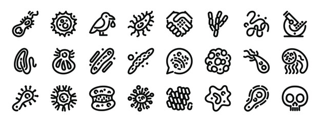 set of 24 outline web virus icons such as parasite, virus, bird flu, eukaryote, contagion, tuberculosis, syphilis vector icons for report, presentation, diagram, web design, mobile app
