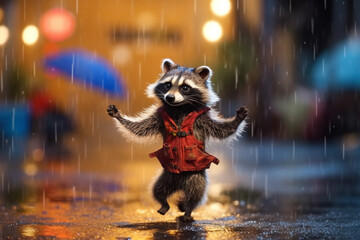 Playful Raccoon Having Fun in the Rainy Weather AI generated