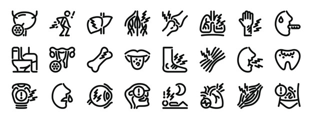 set of 24 outline web disease icons such as cystitis, diarrhea, cirrhosis, nerve, arthraia, tuberculosis, injury vector icons for report, presentation, diagram, web design, mobile app