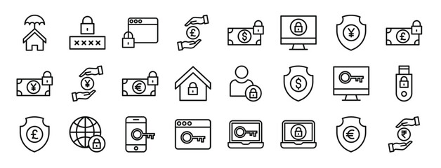 set of 24 outline web security icons such as home, padlock, website, pound, dollar, computer, shield vector icons for report, presentation, diagram, web design, mobile app