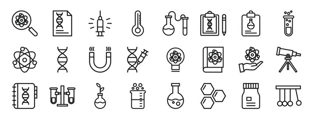 set of 24 outline web science icons such as search, document, vaccine, temperature, experiment, clipboard, clipboard vector icons for report, presentation, diagram, web design, mobile app