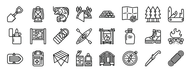 set of 24 outline web camping icons such as shovel, lantern, fishing, tent, firewood, map, forest vector icons for report, presentation, diagram, web design, mobile app