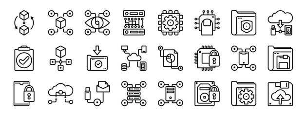set of 24 outline web data manager icons such as shapes and, data, vision, data, chip, chip, vector icons for report, presentation, diagram, web design, mobile app