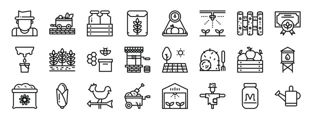 set of 24 outline web farm icons such as farmer, wheelbarrow, milk bottle, rice, fruit, crops, fence vector icons for report, presentation, diagram, web design, mobile app