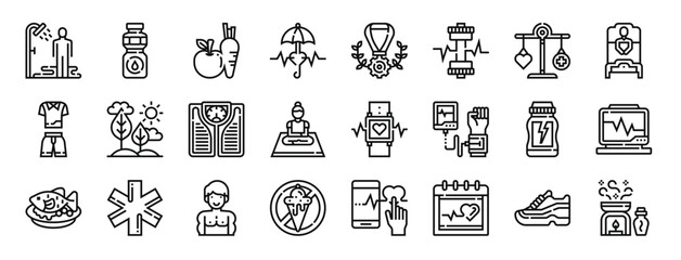 set of 24 outline web healthy life icons such as shower, water, vegetables, life insurance, medal, dumbell, weight vector icons for report, presentation, diagram, web design, mobile app