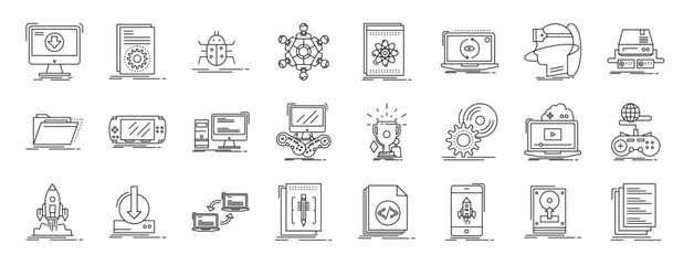 set of 24 outline web sofware engineering icons such as monitor, coding, bug, cooperation, api, laptop, vr glasses vector icons for report, presentation, diagram, web design, mobile app