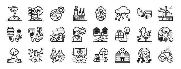 set of 24 outline web global warming icons such as sapling, forest, warming, pollution, warming, storm, pollution vector icons for report, presentation, diagram, web design, mobile app