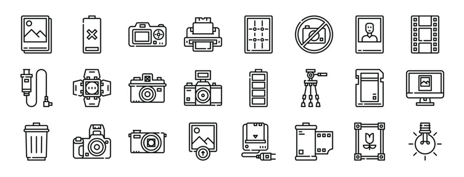 set of 24 outline web photography icons such as photo, battery, camera, print, grid, no photo, photo vector icons for report, presentation, diagram, web design, mobile app