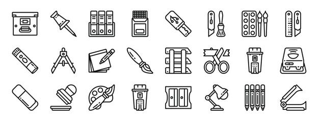 set of 24 outline web stationery icons such as box, push pin, folder, cutting mat, pendrive, tool, watercolor vector icons for report, presentation, diagram, web design, mobile app