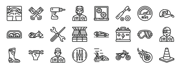 set of 24 outline web motor sports icons such as starting line, pistons, driller, crew, laptop, wrench, fuel vector icons for report, presentation, diagram, web design, mobile app