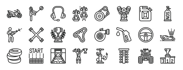 set of 24 outline web motor sports icons such as motorbike, pit stop, head, racing car, transmission, engine, jerrycan vector icons for report, presentation, diagram, web design, mobile app