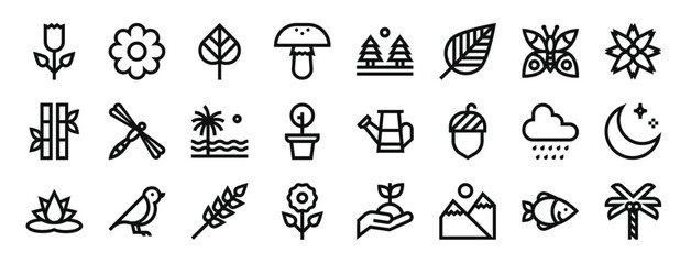 set of 24 outline web nature icons such as flower, flower, leaf, mushroom, forest, leaf, butterfly vector icons for report, presentation, diagram, web design, mobile app © MacroOne