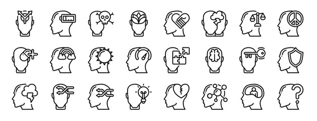 set of 24 outline web human mind icons such as opportunity, exhausted, death, calm, empathy, conflict, law vector icons for report, presentation, diagram, web design, mobile app