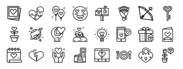 set of 24 outline web love icons such as photo, jigsaw, balloons, emoji, mail box, roses, cupid vector icons for report, presentation, diagram, web design, mobile app