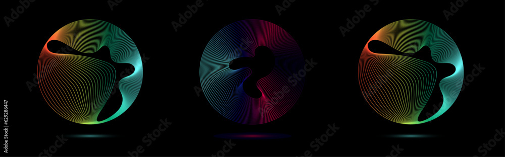 Poster set of glowing colorful creative round curved shape dynamic lines isolated on a black background for