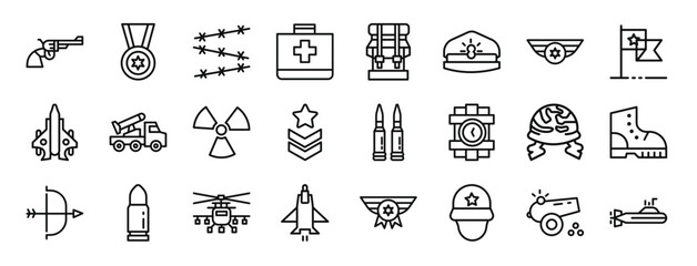 set of 24 outline web military icons such as revolver, medal, barbed wire, first aid kit, backpack, captain, medal vector icons for report, presentation, diagram, web design, mobile app