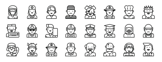 set of 24 outline web jobs icons such as surgeon, nurse, man, prisoner, pirate, firewoman, chef vector icons for report, presentation, diagram, web design, mobile app