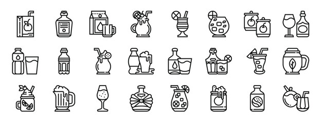 set of 24 outline web beverage icons such as juice, whiskey, milk, smoothie, cocktail, cocktail, juice vector icons for report, presentation, diagram, web design, mobile app - obrazy, fototapety, plakaty