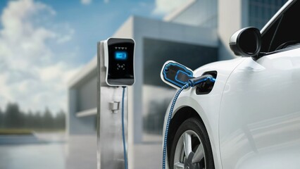 Innovative electric car connected to charging station with future architecture building background....