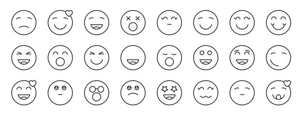 set of 24 outline web emoji icons such as dissapointment, in love, laughing, dead, happy, happy, happy vector icons for report, presentation, diagram, web design, mobile app