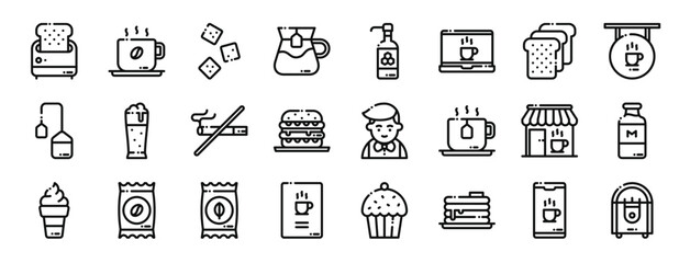 set of 24 outline web cafe icons such as toaster, coffee, sugar cube, tea, honey, laptop, bread vector icons for report, presentation, diagram, web design, mobile app