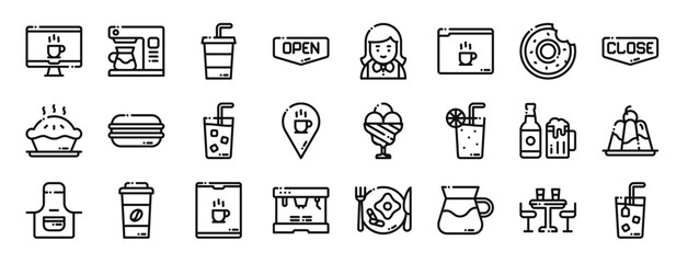 Fototapeta na wymiar set of 24 outline web cafe icons such as monitor, coffee hine, coffee, open, waitress, browser, doughnut vector icons for report, presentation, diagram, web design, mobile app