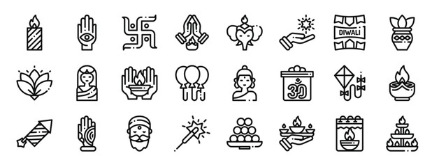 set of 24 outline web diwali icons such as candle, hand, , hands, elephant, hand, decoration vector icons for report, presentation, diagram, web design, mobile app