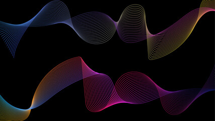 Abstract bright gradient dynamic flowing wave lines design element. Abstract wavy lines multi-color gradient vector illustration. Abstract colorful gradient blend wave lines on a black background.