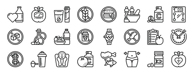 Fototapeta na wymiar set of 24 outline web diet and nutrition icons such as dairy, , effervescent, gluten, no junk food, seasoning, vitamins vector icons for report, presentation, diagram, web design, mobile app